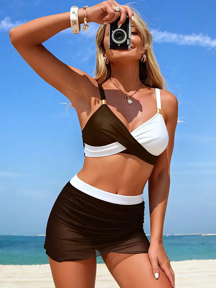 Women's Adjustable Strap Bikini Set - Wire-Free Padded 2-Piece with Mesh Skirt Bottoms
