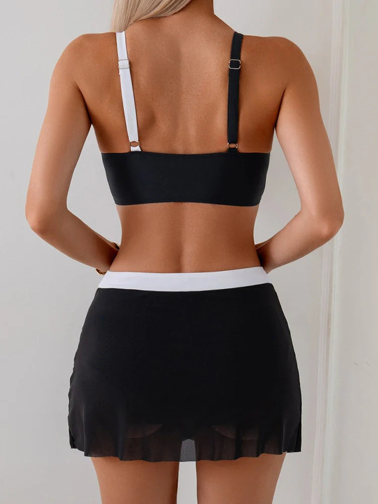 Women's Adjustable Strap Bikini Set - Wire-Free Padded 2-Piece with Mesh Skirt Bottoms