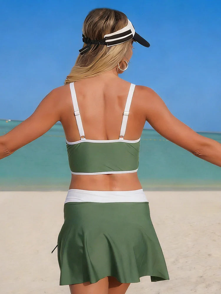Contrast Trim Drawstring Bikini Set with Skirt