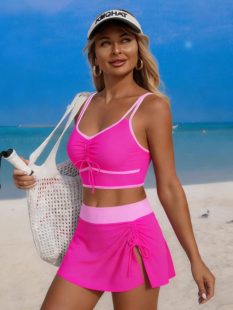 Contrast Trim Drawstring Bikini Set with Skirt