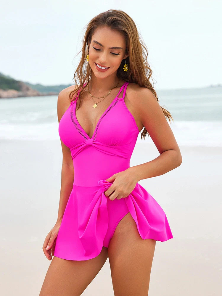 Women’s Yellow V Neck Tummy Control Swim Dress with Tie Side