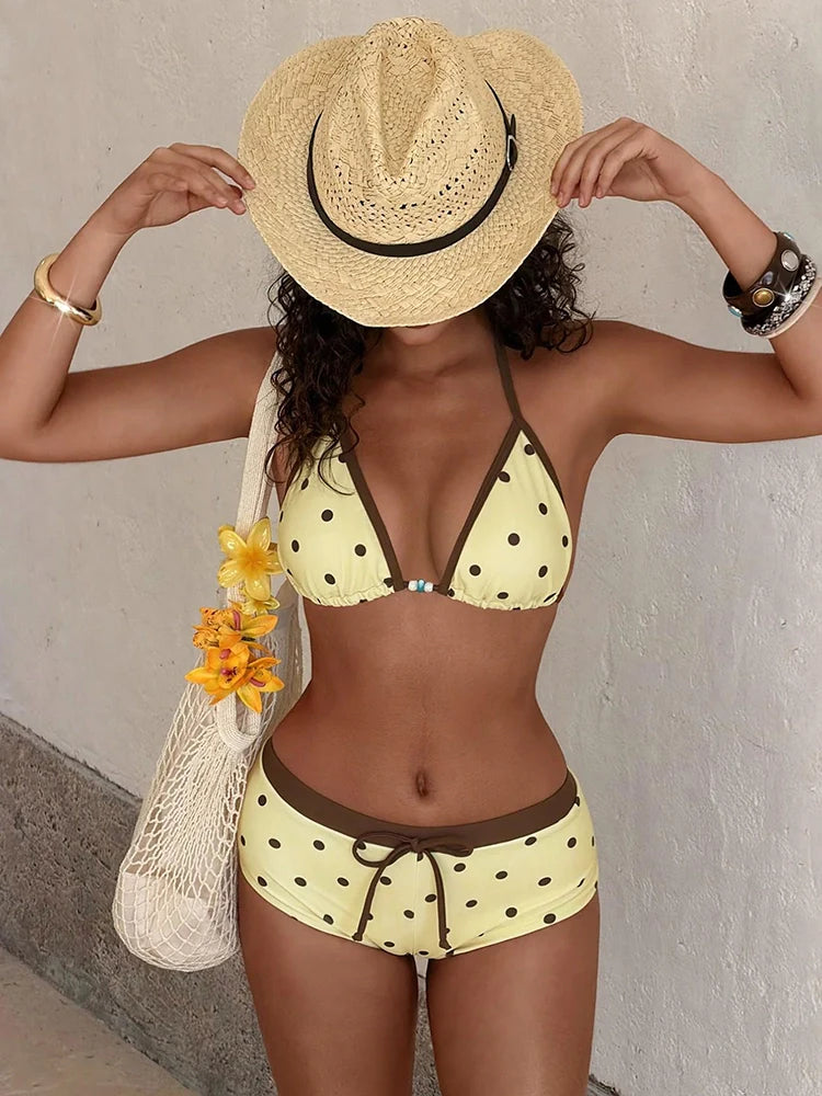 Polka Dot Retro Bikini Set | Vintage Yellow Color Block Swimsuit