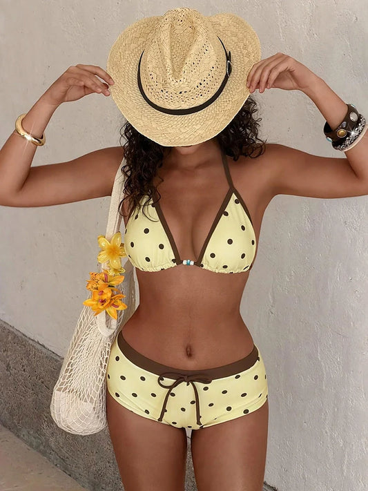 Polka Dot Retro Bikini Set | Vintage Yellow Color Block Swimsuit